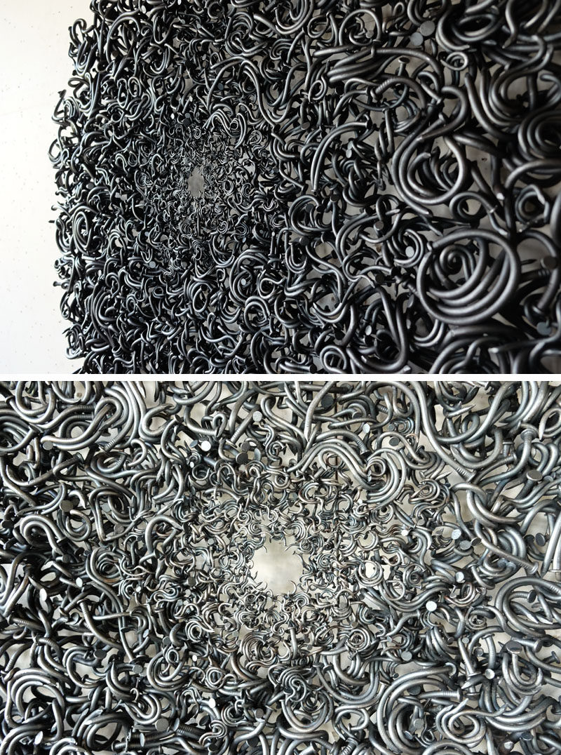 This sculpture by John Bisbee is made entirely from steel nails.
