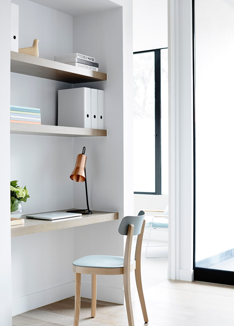 Small Home Office Idea - Make use of a small space and tuck your desk away  in an alcove