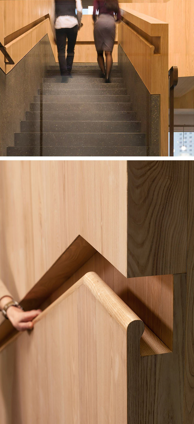 Stair Design Idea - This wooden handrail was built into the stair surround for a seamless and clean look.