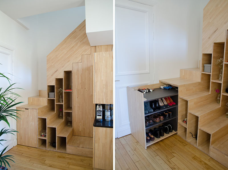 These stairs have built-in shelves and hidden shoe storage.