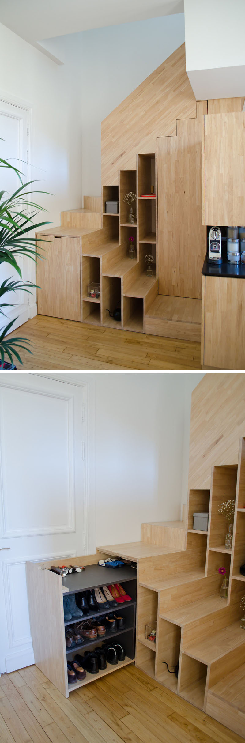 These stairs have built-in shelves and hidden shoe storage.