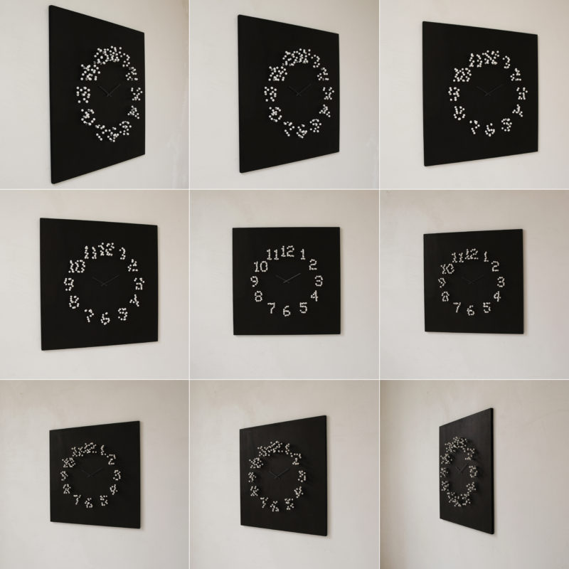 When you move around this clock, for example side to side, the numbers dissolve and transform into different shapes, resulting in an optical illusion and making the clock appear more as a piece of art than a device to tell time.
