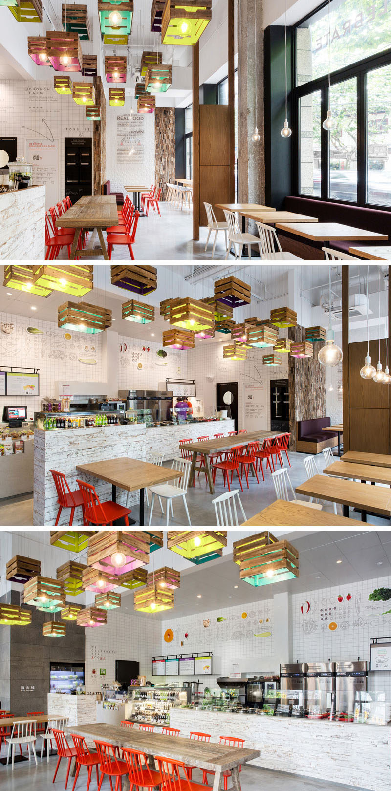 Lighting Design Idea - Painted wooden crates have been used to create pendant lighting in this restaurant.