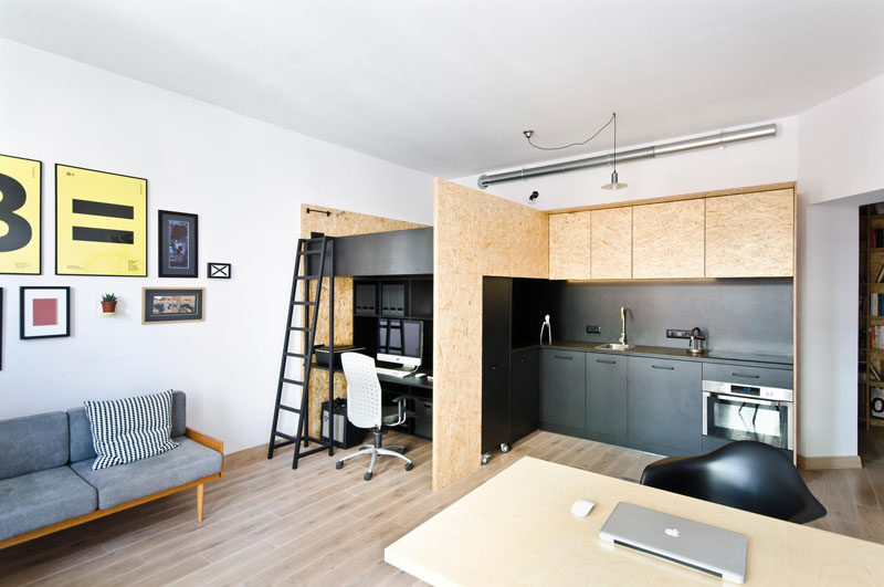 This small apartment with lofted bed, has been designed as a live/work space for a design studio.