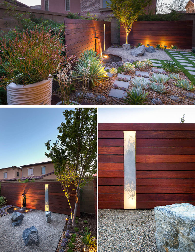 The shadows created by the lights transform your zen garden into a whole new environment and lets you appreciate your design in a whole new light. #ZenGarden #RockGarden #GardenIdeas #PatioIdeas #Landscaping #LandscapeIdeas #LowMaintenanceGarden #OutdoorLighting