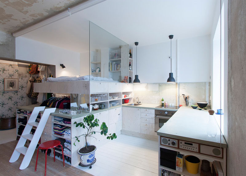 This 387 square foot (36 sqm) apartment was used as a furniture storage room for 30 years, before it was updated with a loft bed and plenty of storage.