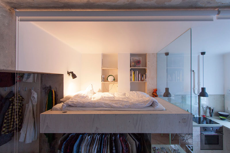 This 387 square foot (36 sqm) apartment was used as a furniture storage room for 30 years, before it was updated with a loft bed and plenty of storage.