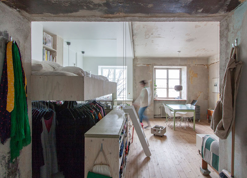 This 387 square foot (36 sqm) apartment was used as a furniture storage room for 30 years, before it was updated with a loft bed and plenty of storage.