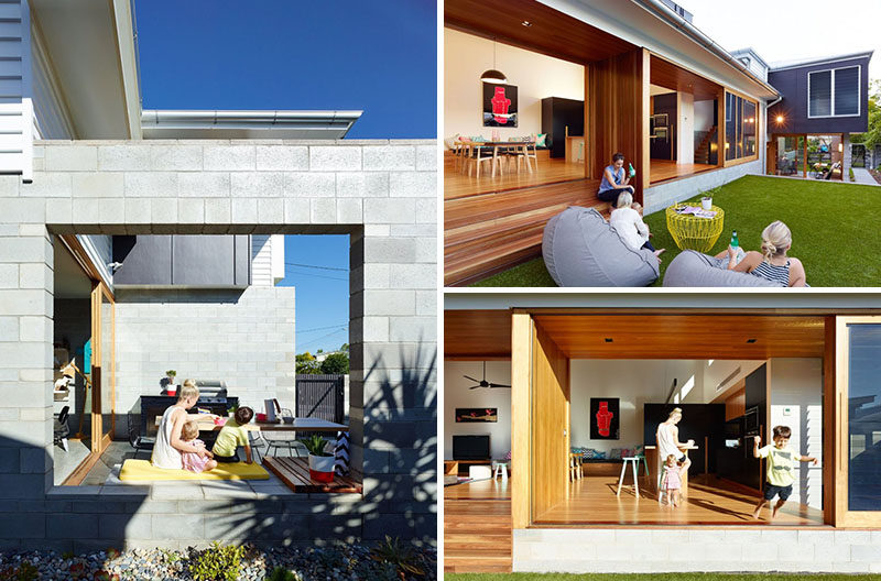 23 Awesome Australian Homes That Perfect Indoor / Outdoor Living // The entire main level of this home opens up to the backyard that features a pool, comfortable seating, as well as a dining space with built-in seating and a barbeque.