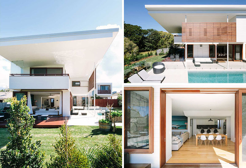 23 Awesome Australian Homes That Perfect Indoor / Outdoor Living // Massive glass doors open onto a covered entertaining and outdoor kitchen on one side, and onto the pool deck and uncovered lounging space on the other side.