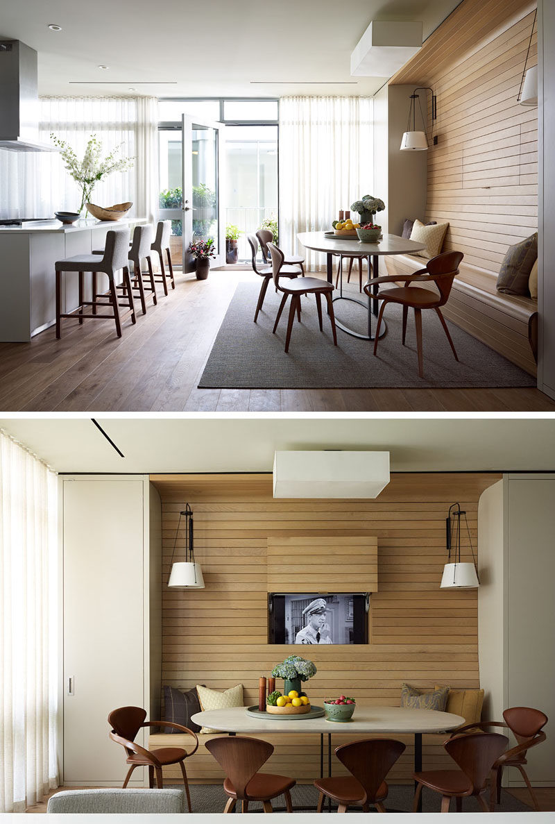 Dining Room Design Ideas - Use Built-In Banquette Seating To Save Space // Light wood paneling lines the wall and bench of this built-in dining nook.