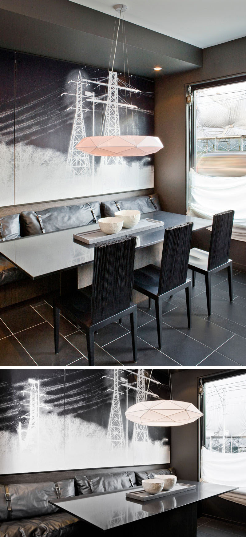 Dining Room Design Ideas - Use Built-In Banquette Seating To Save Space // The dark built-in dining area in this home is made especially unique by the leather cushions on the banquette and the dining chairs with bristle-like backs.