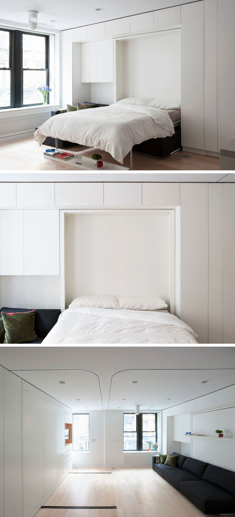 Bedroom Design Ideas - 8 Ways To Create The Ultimate Bed Surround With Storage // Store Your Bed -- If you're really tight on space consider using a murphy bed. When they're not being used you can't even tell they're there and they blend in with the cabinetry.