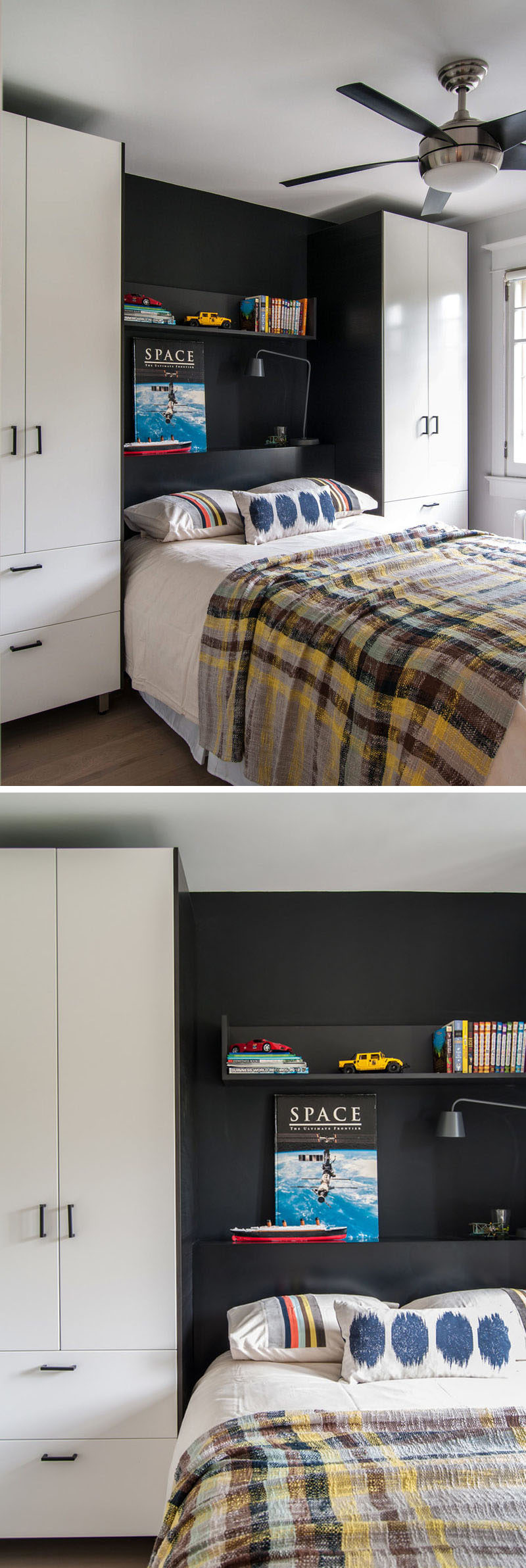 Bedroom Design Ideas - 8 Ways To Create The Ultimate Bed Surround With Storage // Define The Sleeping Area -- Use a bold color or a different material than what's been used on the rest cabinets sets your bed apart from the storage and adds color and texture to your room.