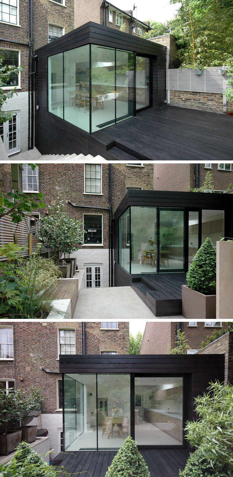 For this renovated house extension, the designers went with a two storey black box that's covered in black timber. A patio was also included to match the extension and provides a seamless look.