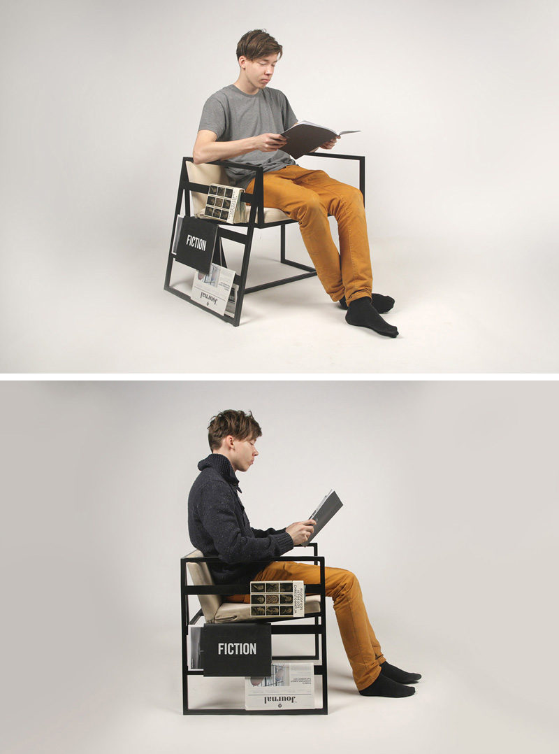 7 Chairs All Book Lovers Will Appreciate // This chair was designed to conveniently hold magazines and newspapers and helps you keep track of your page without bookmarks or dog-earing your pages.