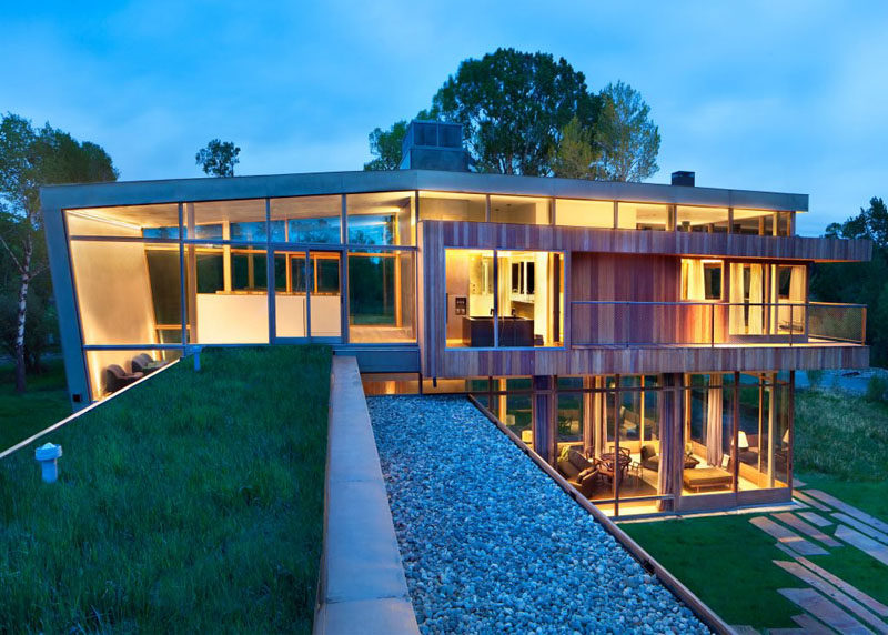 This home has a native planted sod roof that's visible from the upper level of the home.