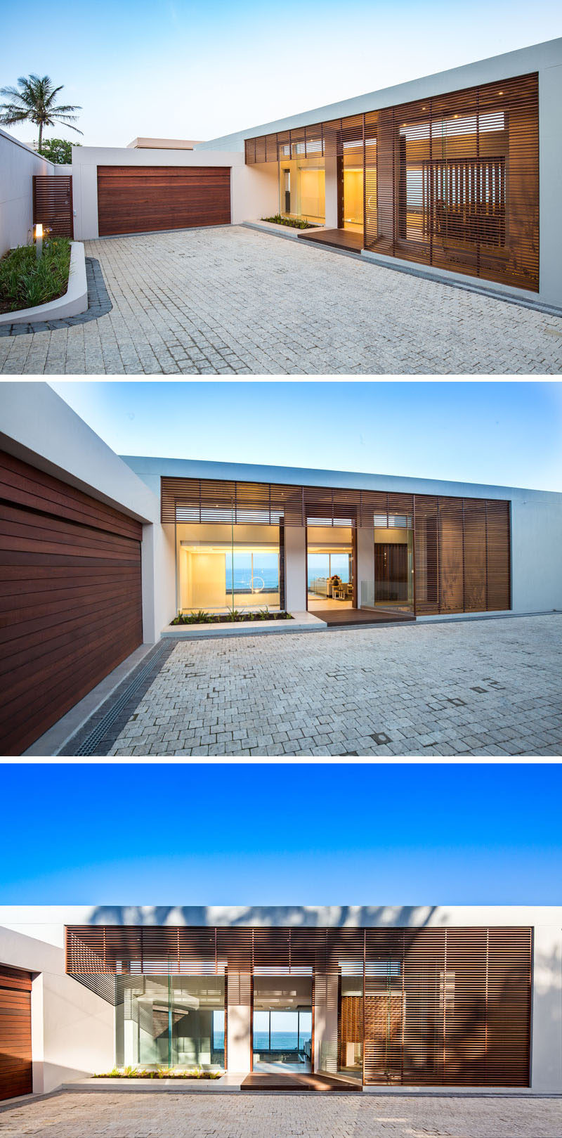 Just off the paved driveway of this home is the entrance made up of glass, fixed horizontal timber screens and painted plasterwork.