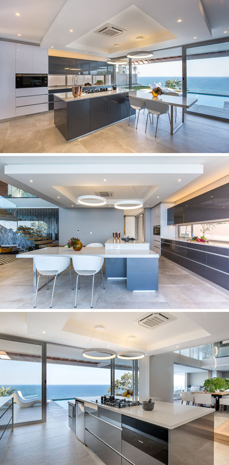 This modern kitchen has a built-in casual dining space, and sleek cabinetry without any hardware makes for a clean, minimal kitchen design.