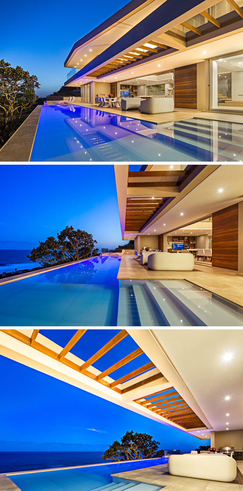 This pool runs the length of the home and provides sea views.
