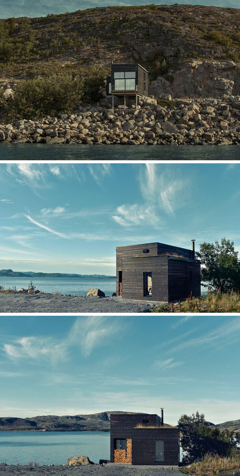 Charred wood siding and a green roof cover this small home on the coastline of Norway.