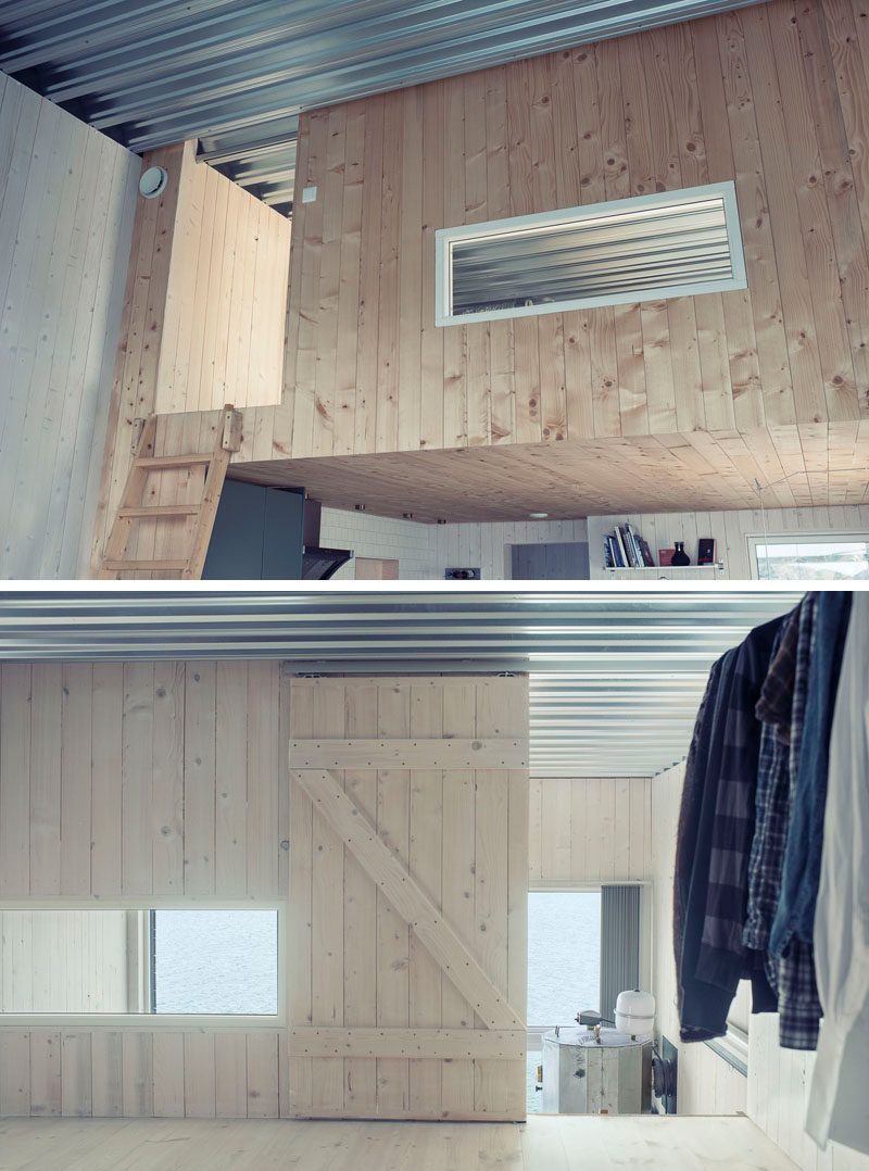 This small home in Norway has a lofted bedroom and exposed metal sheet ceiling.