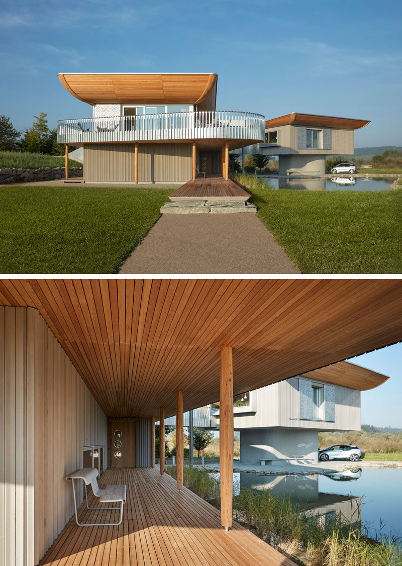 Wooden elements, like this covered entryway, feature heavily in this German home.