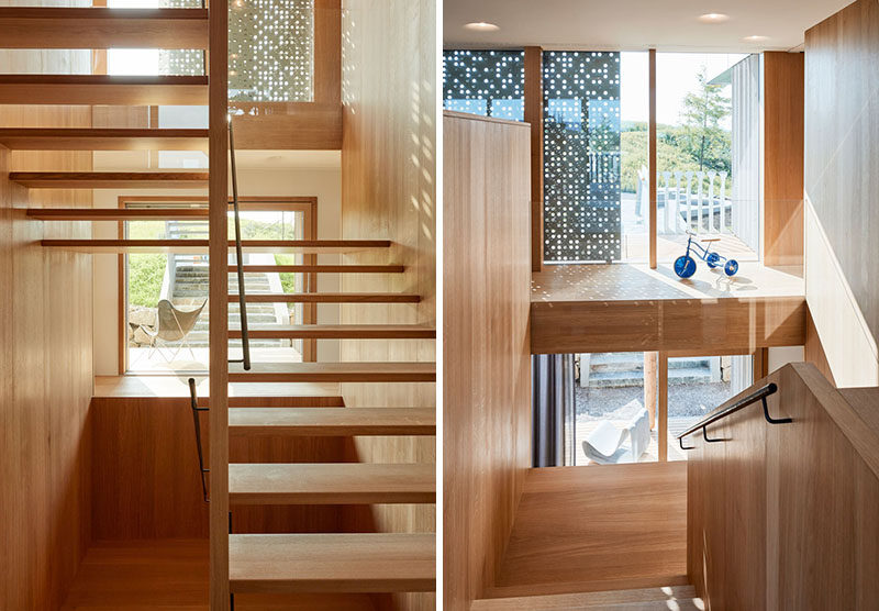 These simple wooden stairs have a view of the garden as you walk up and down them.