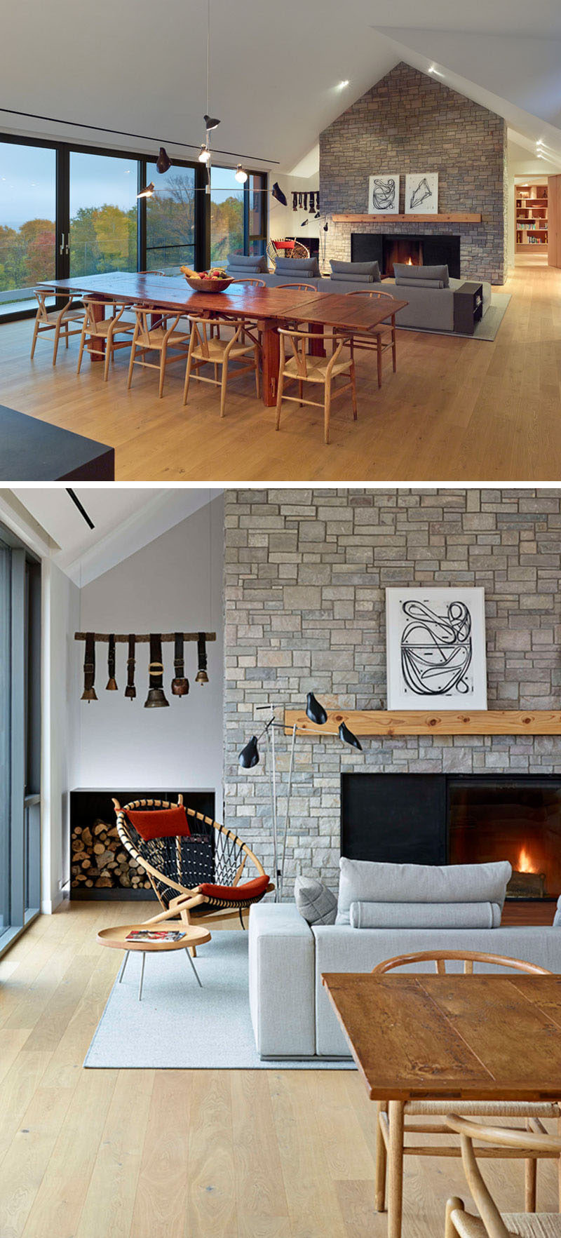 The main living area of this home has a large stone feature wall that surrounds a fireplace and wooden mantle.