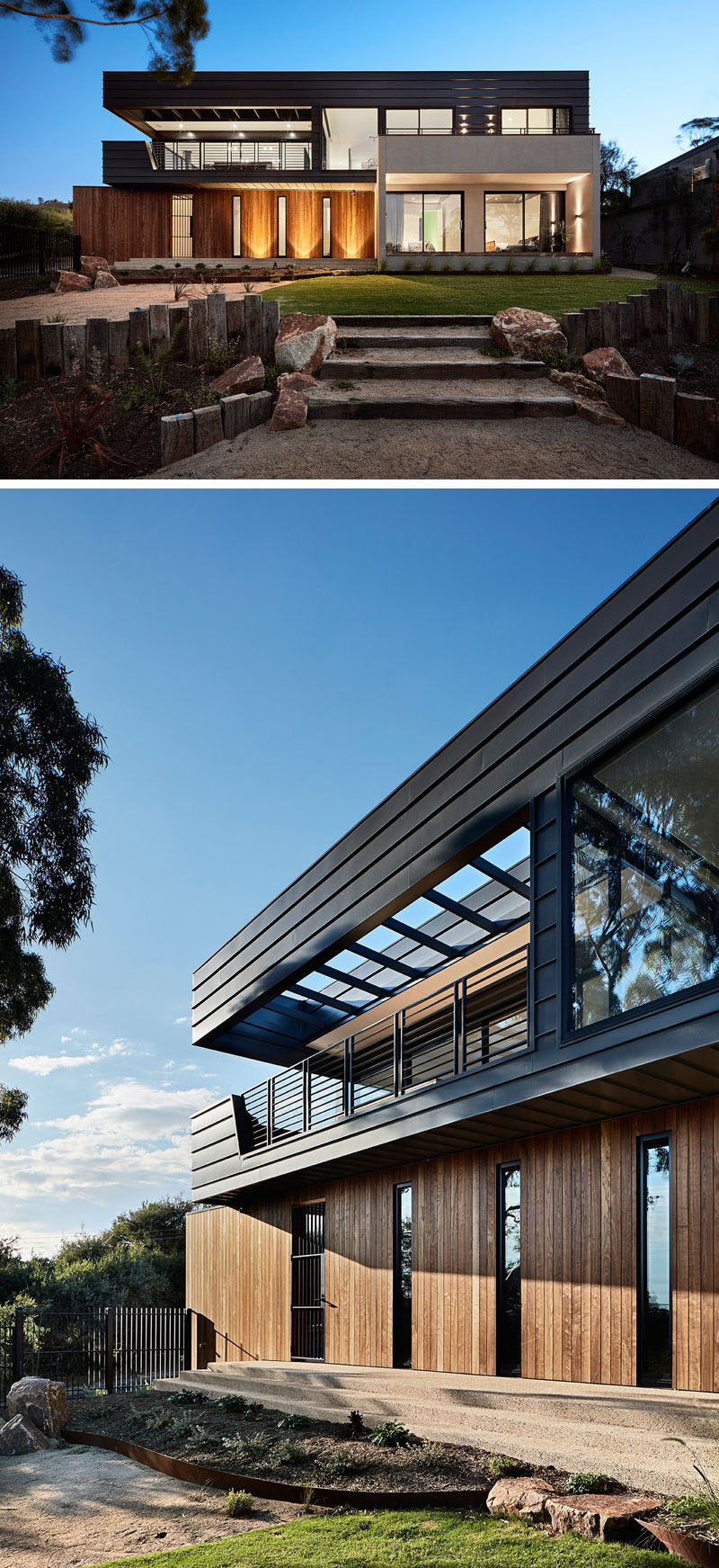 This contemporary house by Bryant Alsop Architects, was designed for a semi-retired couple and their dog, who wanted a private haven to entertain guests, and at the same time engages with the surrounding trees and bay views. 