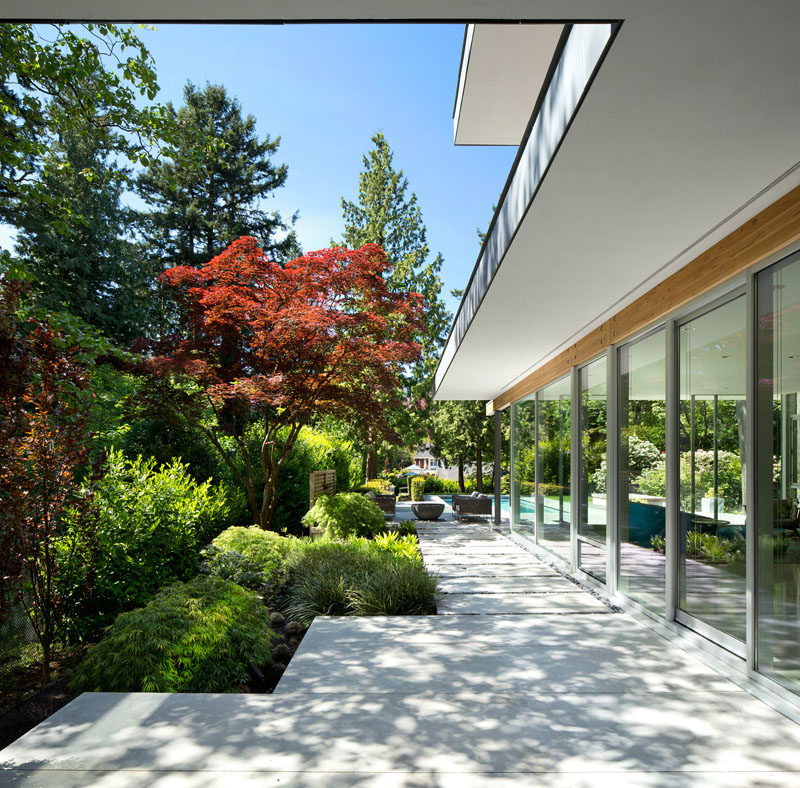 Garden paths and floor-to-ceiling windows and doors, makes sure that the home owners can take advantage of being surrounded by greenery.