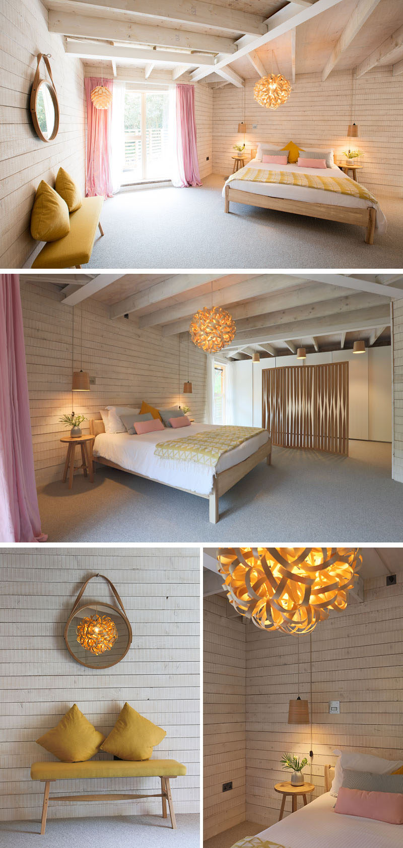 In this bedroom, light wood walls and soft colors have been used to create a bright and open space,