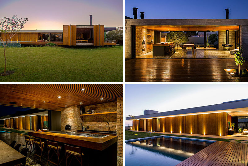 mf+arquitetos have designed this house in Franca, Brazil, that features a palette of wood, concrete, stone and Corten steel.