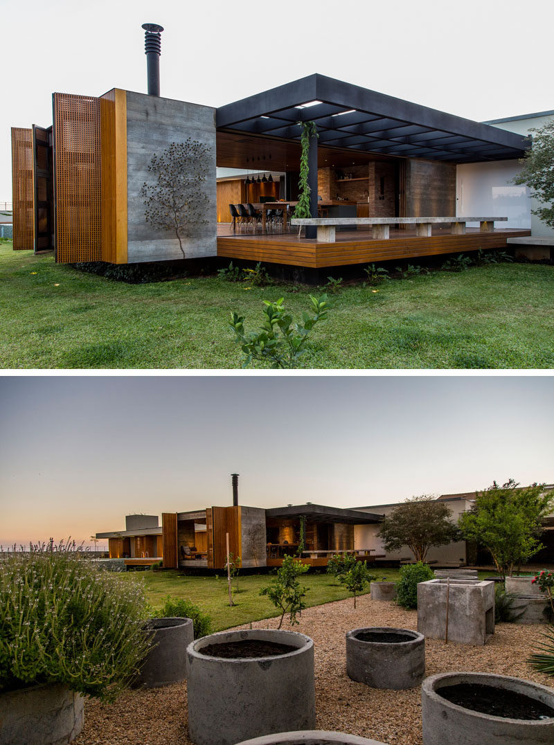 mf+arquitetos have designed this house in Franca, Brazil, that features a palette of wood, concrete, stone and Corten steel.