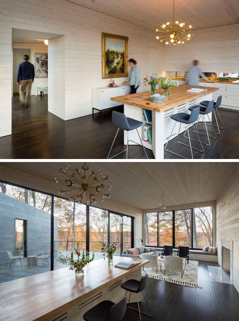 A large kitchen island doubles as a dining table in this kitchen.