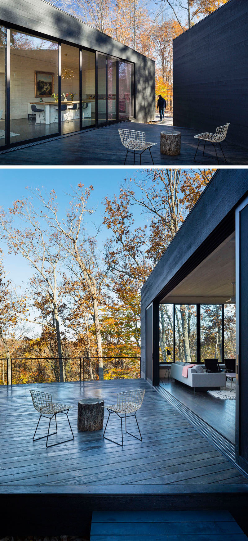 The deck area off the living room of this house, overlooks the forest, and connects to the guest suite.