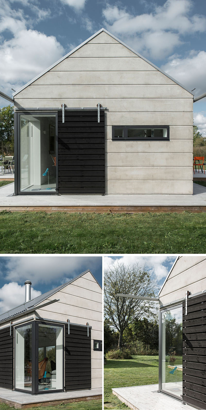 This long, narrow home has sliding barn doors that protect the windows around the home.