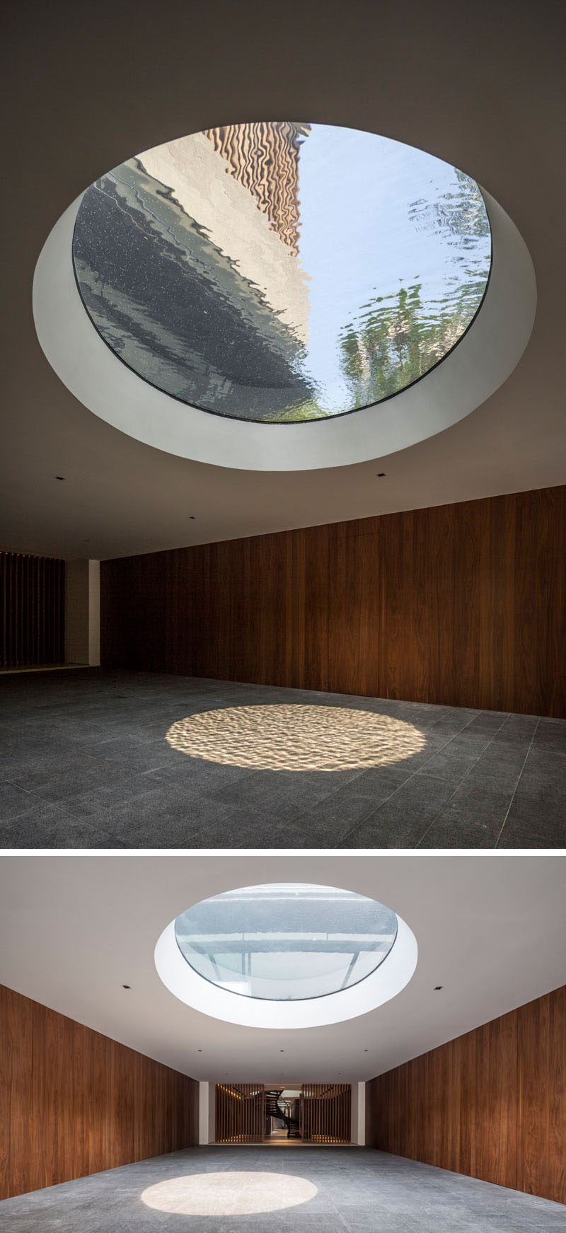 In the entrance to this home, there's a large skylight, that shows water from the water feature positioned directly above.