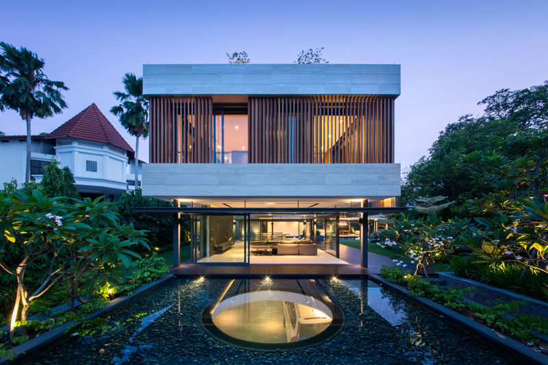 This water feature has a skylight in the middle of it to provide light to the entrance of the home below.