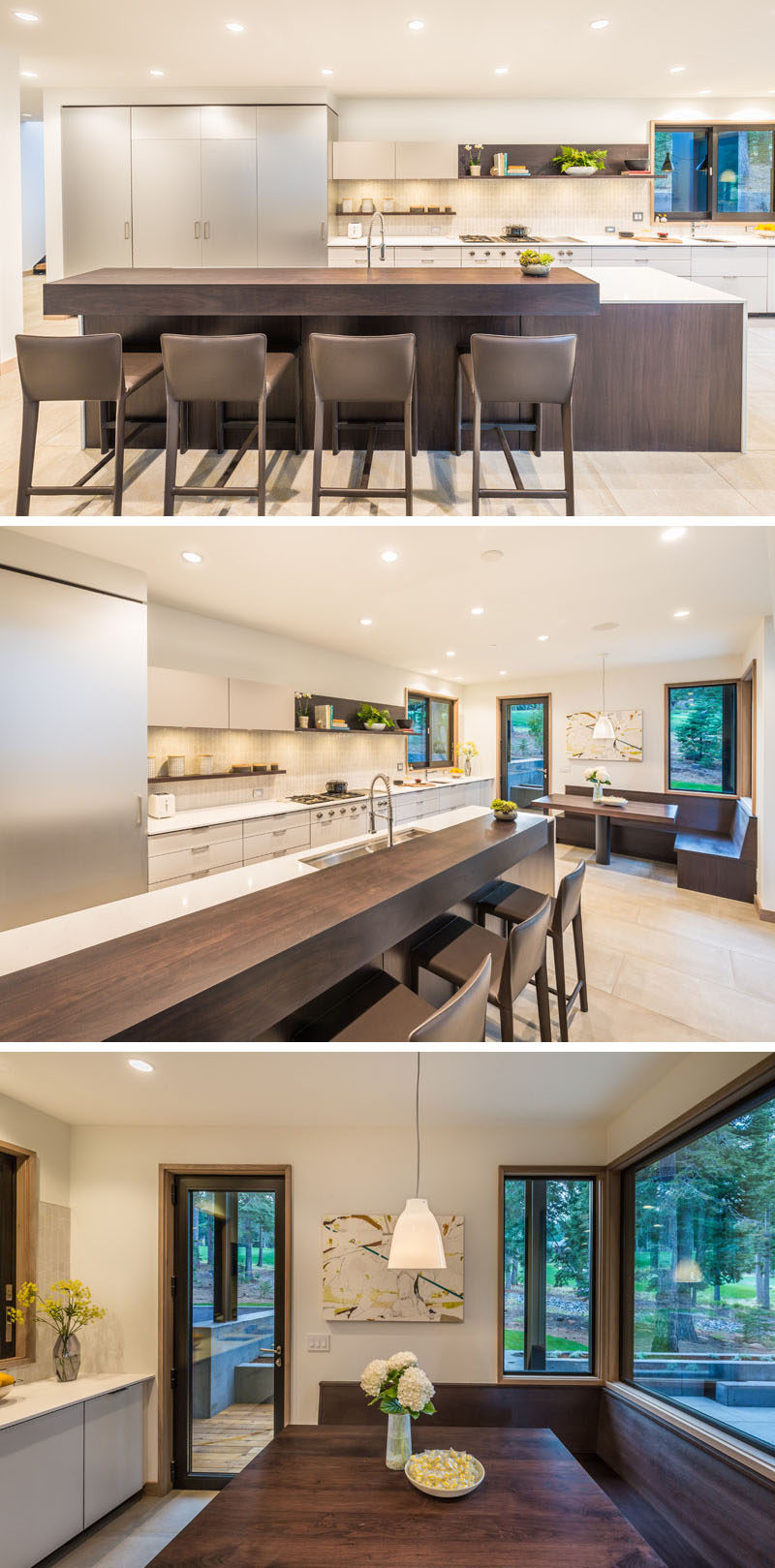 In this modern kitchen, a dark wooden island with bar has been paired with light colored cabinets and countertops. There's also an eat-in breakfast nook in the corner.