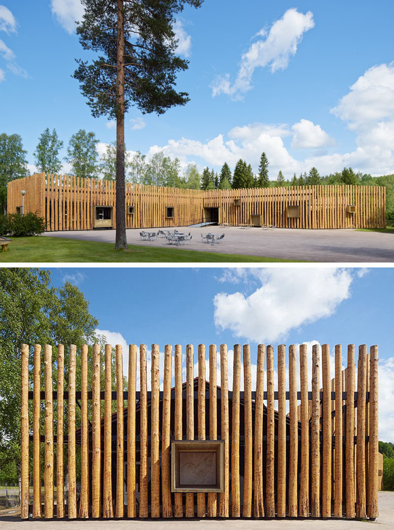 Exterior Design Ideas - 15 Buildings That Have Unique And Creative Facades // Wooden logs adorn the exterior of this forest museum in Sweden.