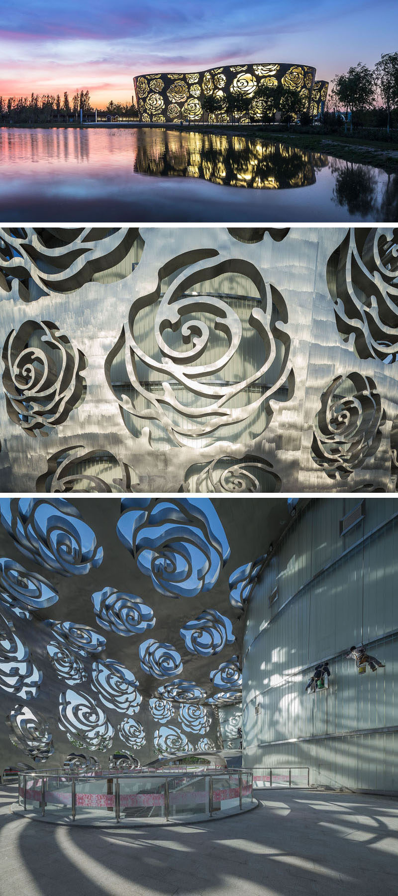 Exterior Design Ideas - 15 Buildings That Have Unique And Creative Facades // This rose museum is covered by a stainless steel facade with roses cut into it.