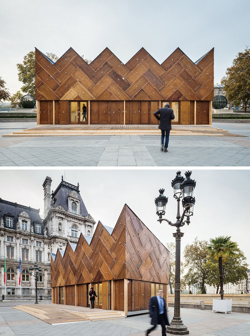 Exterior Design Ideas - 15 Buildings That Have Unique And Creative Facades // 180 recycled wooden doors make up the facade of this pavilion while other recycled elements were used to build the rest of the structure.