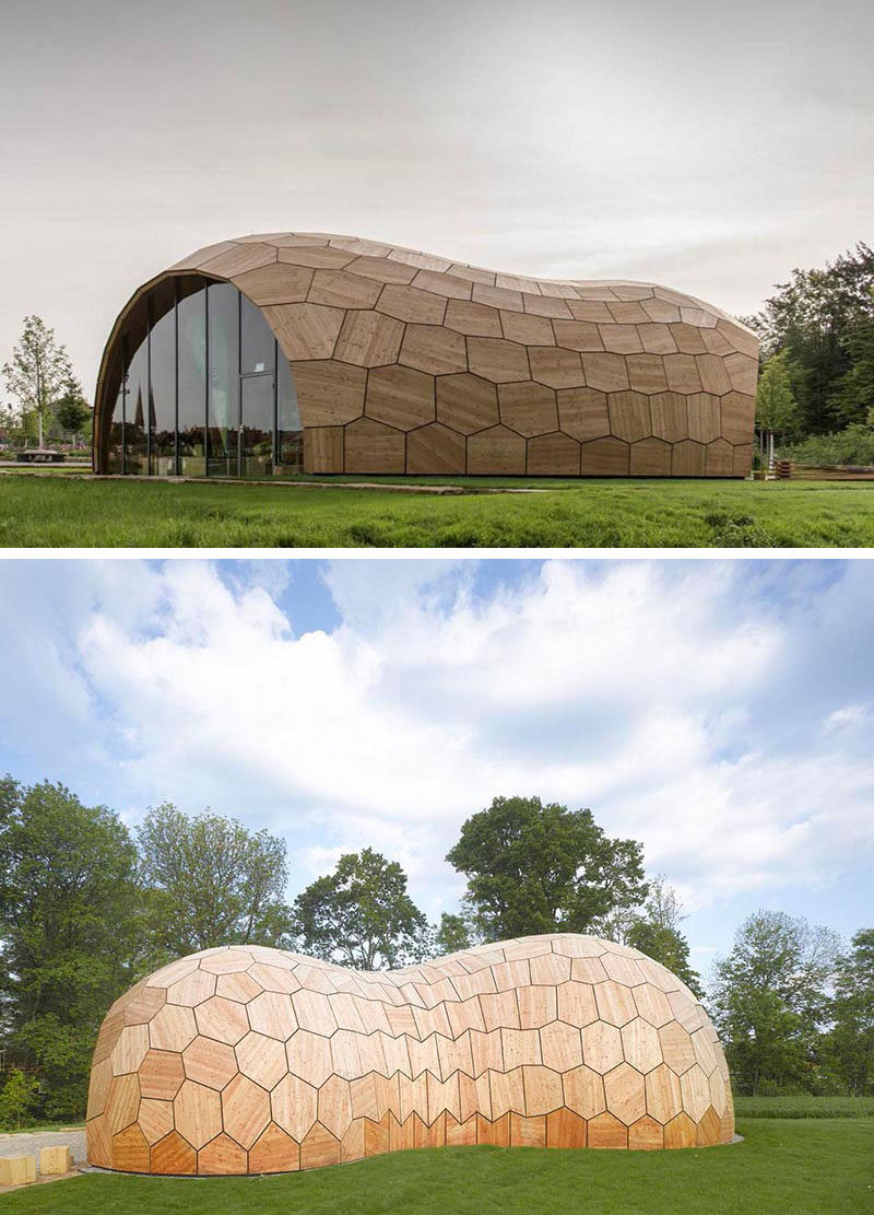 Exterior Design Ideas - 15 Buildings That Have Unique And Creative Facades // Large wooden tiles in various shapes cover this exhibition hall that was built and designed in part by robotics.