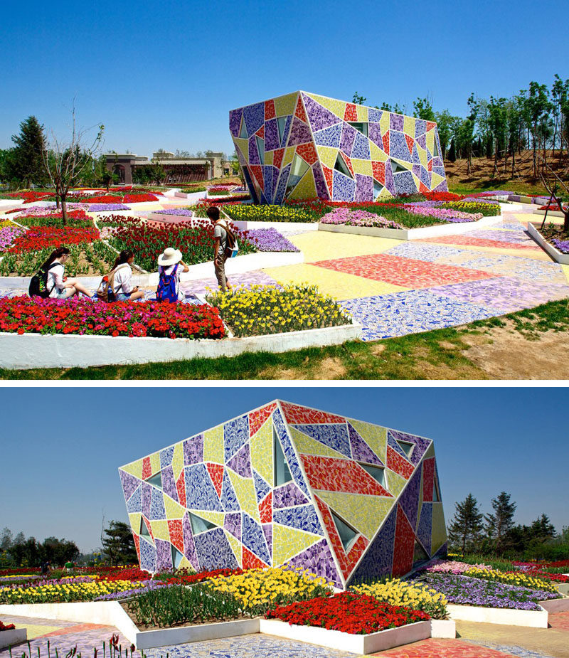 Exterior Design Ideas - 15 Buildings That Have Unique And Creative Facades // The exterior of this public building is covered with broken pieces of local ceramics to create a colorful mosaic that matches the benches and walkways throughout the rest of the park.