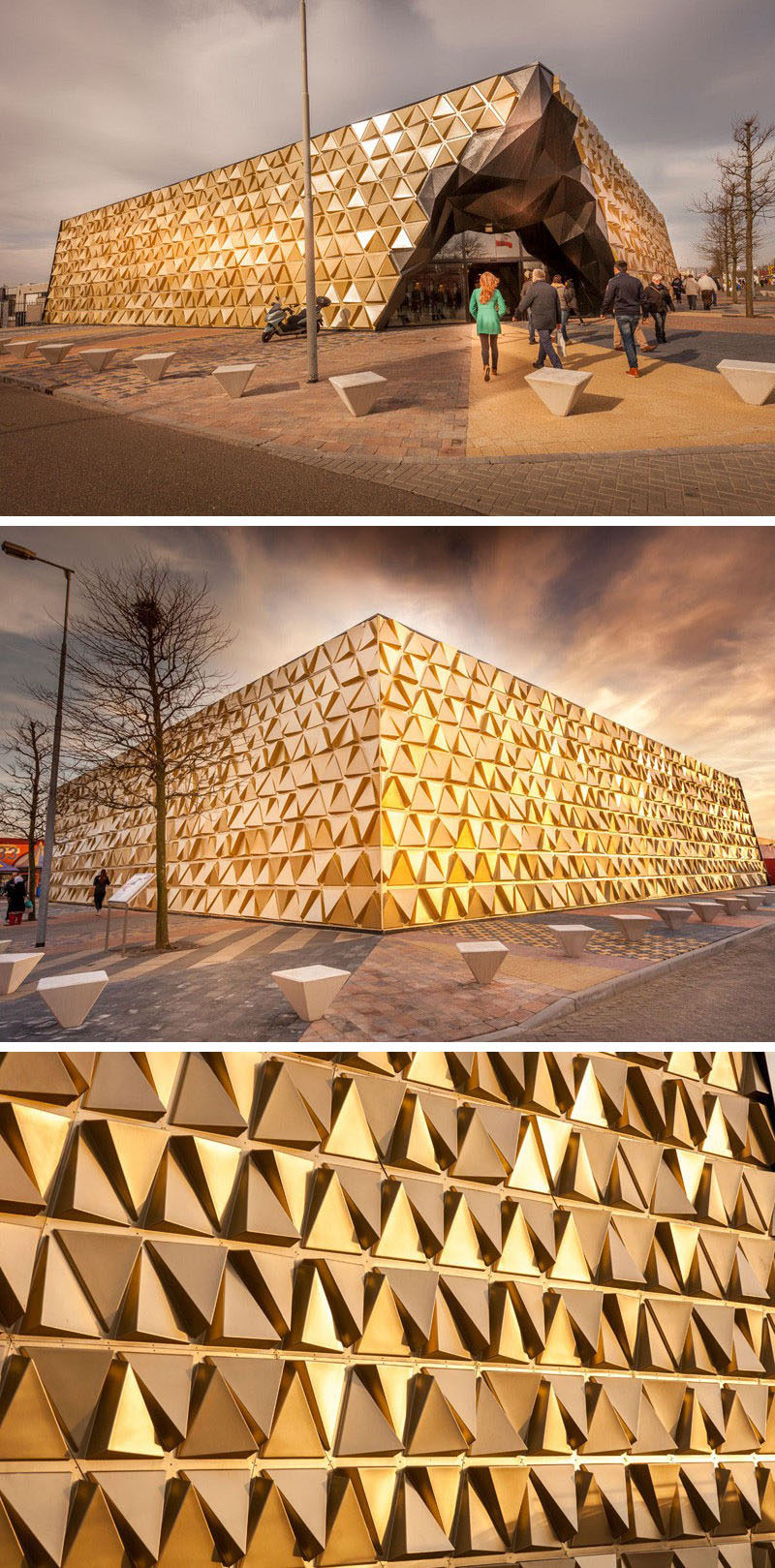 Exterior Design Ideas - 15 Buildings That Have Unique And Creative Facades // Gold triangular panels positioned at various angles give this building, designed for gold dealer and goldsmiths, a shimmering, reflective facade.