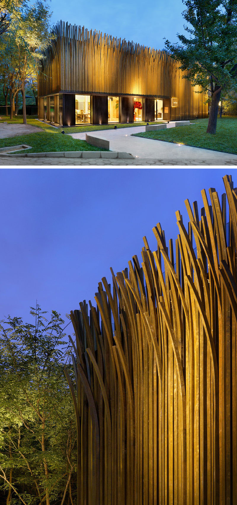 Exterior Design Ideas - 15 Buildings That Have Unique And Creative Facades // 1200 pieces of brass tubing were turned into "grass leaves" that oxidize and naturally change color with the seasons, creating an ever changing facade on the pavilion.