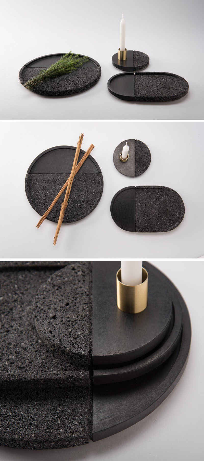 PECA have designed LAVA, a set of decorative plates carved from volcanic stone with a brass accent.