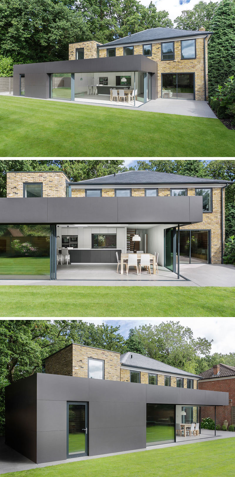 14 Examples Of British Houses With Contemporary Extensions // A dark clad extension houses a bright white kitchen that connects with the rest of the home and the garden just outside.