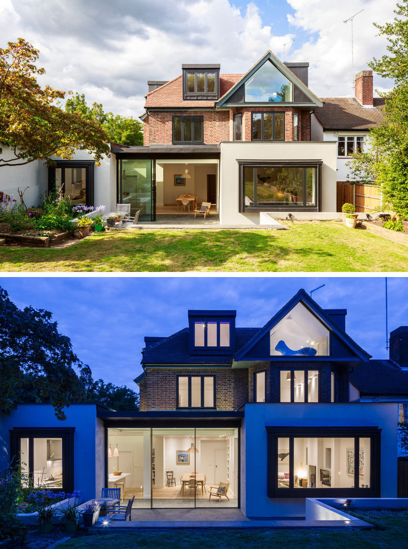 14 Examples Of British Houses With Contemporary Extensions // The modern white extension on this North London home contrasts the rest of the brick home rising up from behind it.